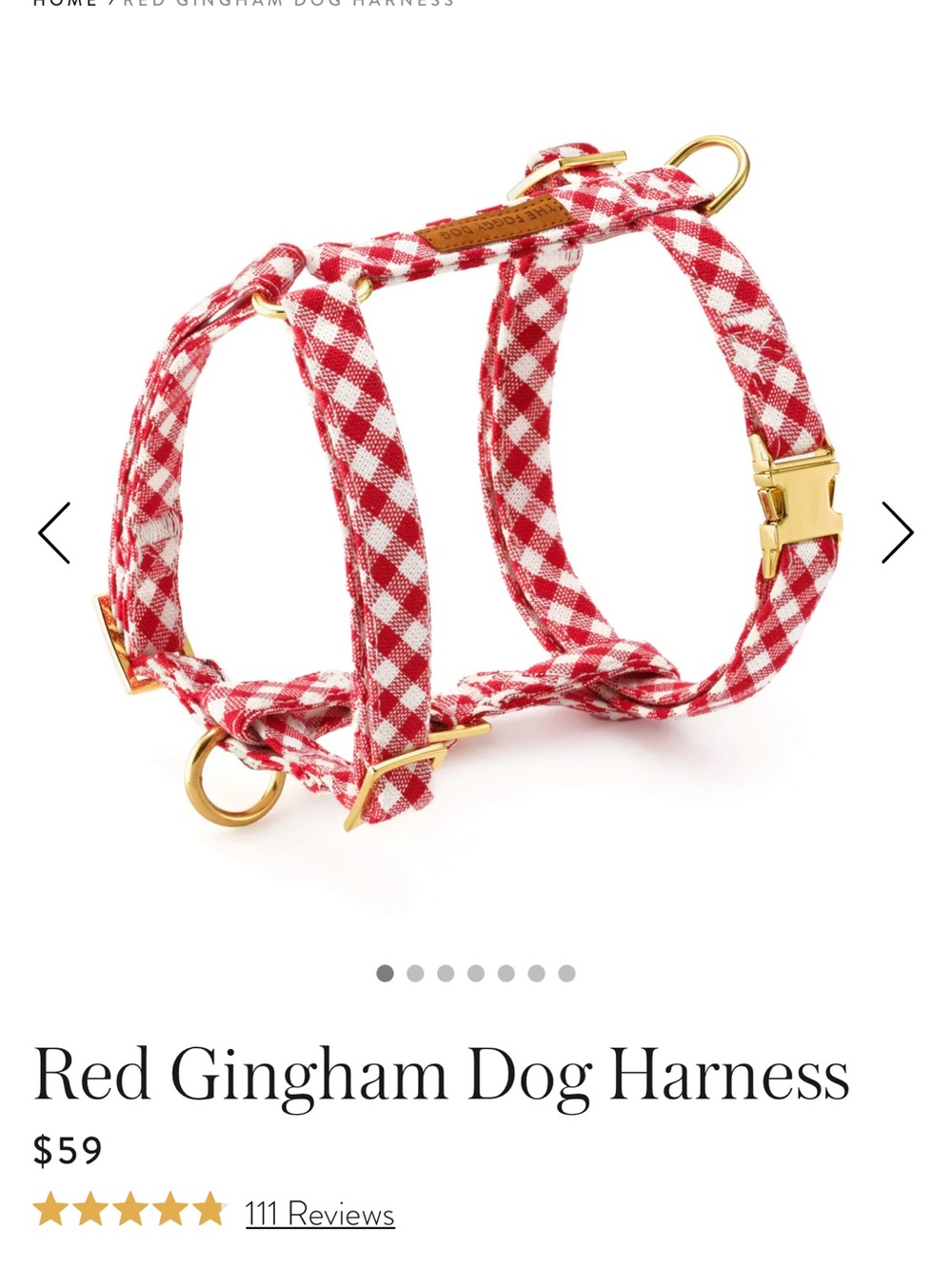 *NWOT* The Foggy Dog Red & White Gingham Dog Harness size small